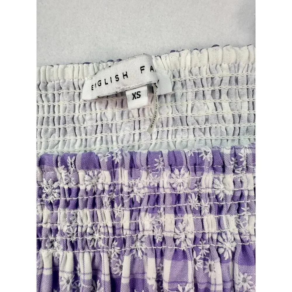 NWOT English Factory Smocked Gingham Puff Sleeve Blouse Square Neck Lavender XS - Picture 6 of 9